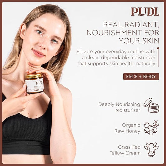PUDL Grass Fed Beef Tallow for Skin Care with Manuka Honey, Organic Olive Oil and Jojoba Oil – Whipped Lotion Balm Anti-Aging Moisturizer Deeply Nourishing for Sensitive Skin Face & Body
