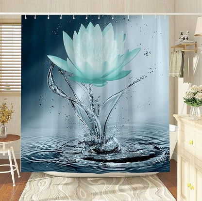 Lotus Shower Curtain Black White Teal Flower Elegant Blooming Floral with Dew Spring Flower Reflection on Water Modern Romantic Polyester Fabric Bathroom Decor 86×70 Inch with Hook