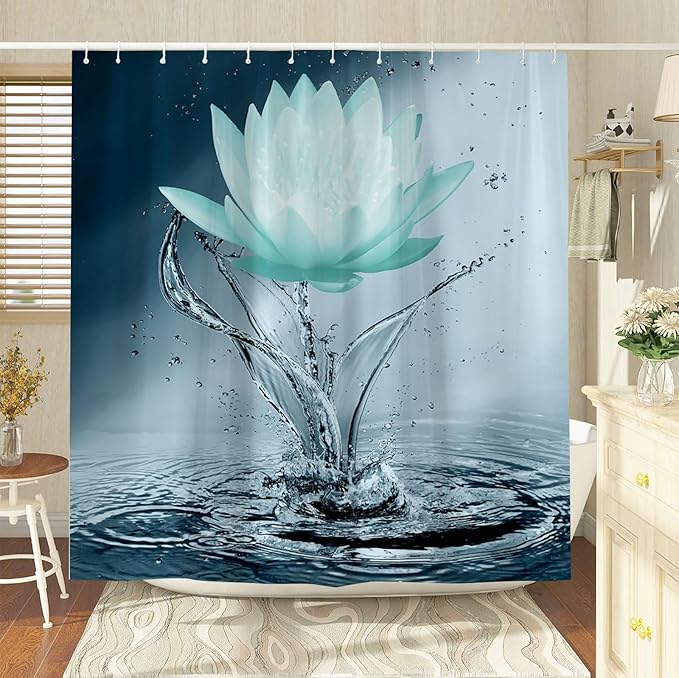 Lotus Shower Curtain Black White Teal Flower Elegant Blooming Floral with Dew Spring Flower Reflection on Water Modern Romantic Polyester Fabric Bathroom Decor 70×96 Inch with Hook