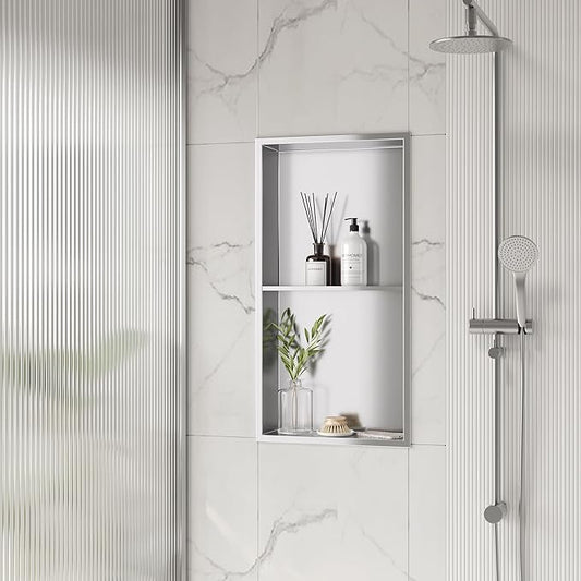 Neodrain No Tile Shower Niche, Stainless Steel Wall Niche 13.1"X25.1"(Inner Size 12"X24"), Two-Tier Bathroom Shelf Waterproof Cubby, NO Tile Needed Recessed Cabinet for Bathroom Storage