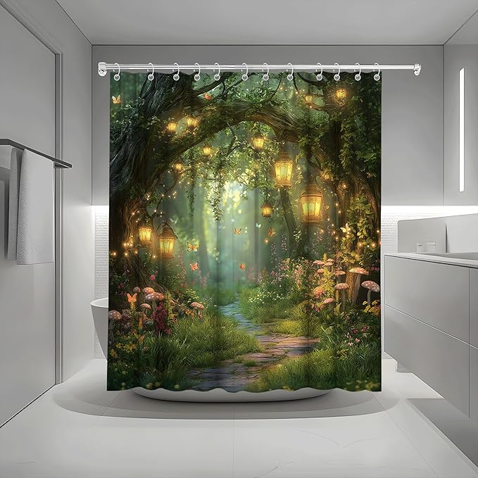 Fantasy Forest Path Shower Curtain Fairy Magical Enchanted Misty Jungle Mushroom Floral Tree Butterfly Lantern Wonderland Plant Bath Curtain Fabric Bathroom Accessories Decor with Hooks 70W x75L