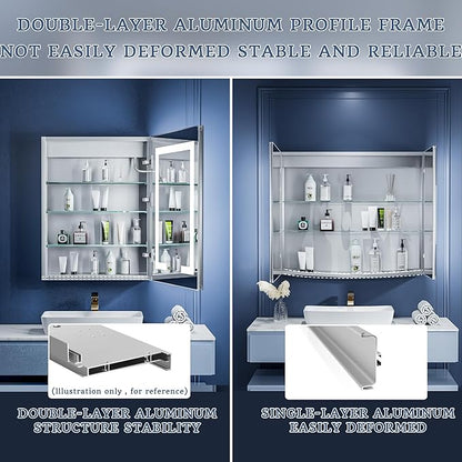 ExBrite LED Lighted Bathroom Medicine Cabinet with Mirror, 24 x 30 Inch, Recessed or Surface Mount, Anti-Fog, Stepless Dimming, Color Temperature Adjustment, 2 Outlets, Storage Shelves, Right Hinge