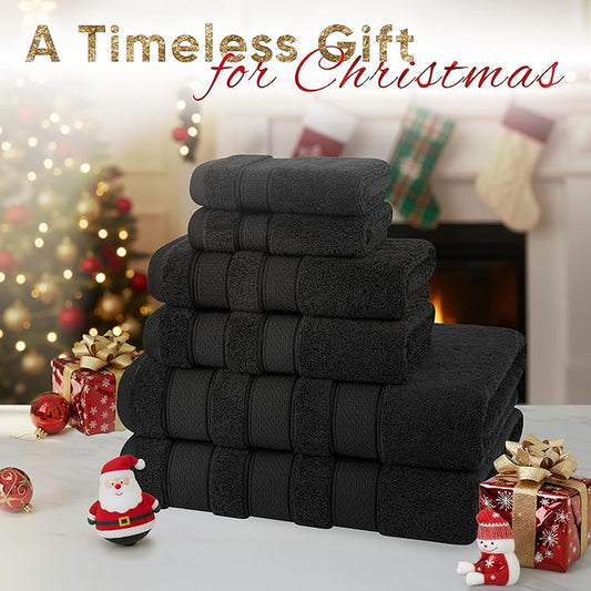 American Soft Linen Salem Turkish Bath Towel Set, 100% Cotton 600 GSM 6 Piece Towels for Bathroom, 2 Bath Towels 2 Hand Towels 2 Washcloths, Black