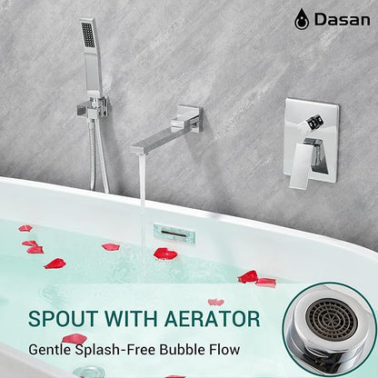 DASAN Swiveling Wall Mount Tub Filler Faucet Set with Hand Held Shower, Chrome Modern Creative Bathtub Faucet Wall Mounted Bath Tub Faucet with High Flow Rough in Valve, SA-TF05WH-PC