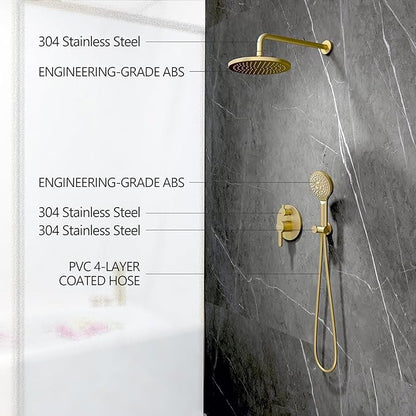Brushed Gold Shower Faucet Set, Wall Mount Rain Shower System 10 Inches Shower Head and Shower Handheld, Included Pressure Balance Valve and Trim Kit