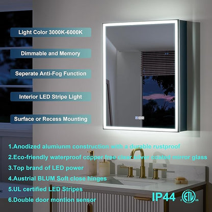 WELLFOR 24" X 30" LED Mirrored Medicine Cabinet, Medicine Cabinets with Lights for Bathroom, Defogging Function Mirror Cabinet, Bathroom Medicine Cabinet with USB Port & Outlet, Left Opening Doors
