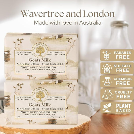 Wavertree & London Natural Goat Milk Soap Bars (2 Bars) – 7oz Individually Wrapped, French Triple Milled Moisturizing Bath Bar Soap Enriched with Shea Butter, Chemical-Free Sensitive Skin Bar Soap