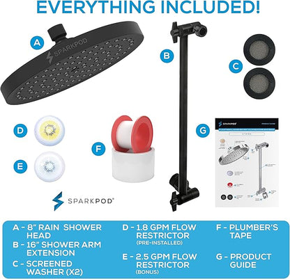 SparkPod Round Rain Shower Head with Extension Arm - Height Adjustable Shower Head with High Pressure Performance - Easy 1-Minute Installation (16" Arm Extension, Midnight Black Matte)