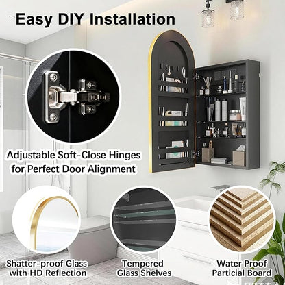 FKWin Arched Bathroom Medicine Cabinet with Mirror and Power Outlet, Gold Wall Mounted Mirror Medicine Cabinet for Left or Right Opening, not Recessed, Vanity Bathroom Mirrors, Gold, 16x32 inch