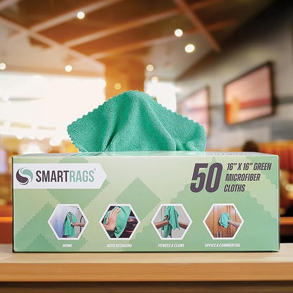 Arkwright Smart Rags in Box - (Pack of 50) Lint Free, Large Microfiber Cleaning Cloth, Scratch & Streak-Free, Dispensable Wash Towels for Cars, Kitchen, and Window Glass, Green
