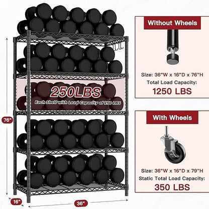 PrimeZone 36" W x 16" D x 79" H Wire Storage Shelves with Wheels, 5 Tier NSF Certified Heavy Duty Adjustable Kitchen Shelving Unit, Pantry Organizer Rack Rolling Metal Shelf for Garage Closet Bathroom