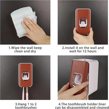 2 Slot Plastic Toothbrush Holder and Toothpaste Dispenser Wall Mounted, Automatic Toothpaste Squeezer, 2 in 1 Tooth Brush Toothpaste Organizer for Shower (Brown)