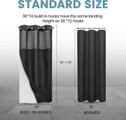 Stall No Hook Shower Curtain with Snap in Liner,230GSM Waffle Weave Shower Curtains for Bathroom,36W x 74H,Black