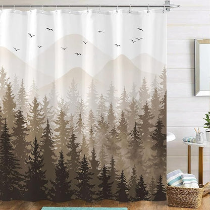 Aipon Brown Misty Forest Shower Curtain Ombre Nature Tree Plants Shower Curtains Fabric Waterproof Mountain Shower Curtain Sets for Bathroom Bath Decor with 12 Hooks (Brown, 72'' × 78'')
