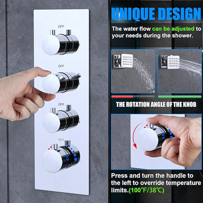 HOMEDEC 3-way Brass Thermostatic Shower Diverter, 4 Handle Flow Control Valve, 3/4 inch Inlet can Run Simultaneously, Chrome