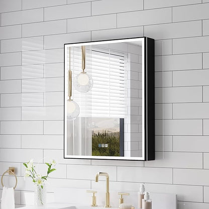 WELLFOR 24" X 30" LED Mirrored Medicine Cabinet, Medicine Cabinets with Lights for Bathroom, Defogging Mirror, Led Medicine Cabinet, Recessed or Surface Mounted, Single Right Opening Door