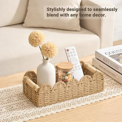 Dahey 2 Pcs Woven Paper Rope Toilet Paper Storage Basket for Over Toilet Storage Shelf Scalloped Edge Toilet Tank Basket with Handles for Organizing, Bathroom Countertop Living Room Bedroom Home Decor