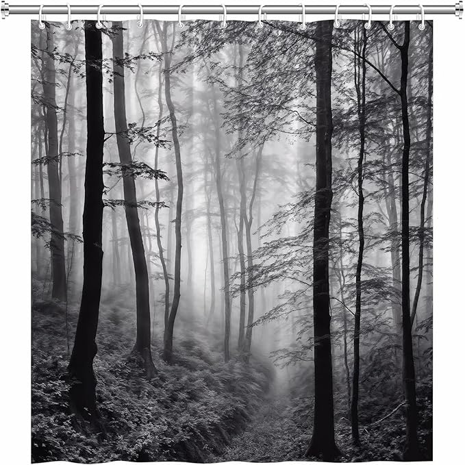 Misty Forest Shower Curtain Black White Foggy Nature Landscape Grey Fantasy Fog Tree Rustic Farmhouse Outdoor Bath Curtain with Hook 106Wx70H Inch