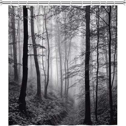 Misty Forest Shower Curtain Black White Foggy Nature Landscape Grey Fantasy Fog Tree Rustic Farmhouse Outdoor Bath Curtain with Hook 35Wx70H Inch