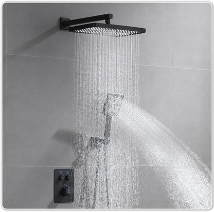 Thermostatic Shower Valve/System 12 inches Black Brass Faucet Set With Diverter/Mixer With Handheld Rain Head High Pressure Modern Rainfall