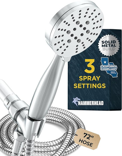 HammerHead Showers® Solid Metal 3-Spray Handheld Shower Head with Long Hose and Holder - CHROME - WIDE, MASSAGE, and MIST Sprays - 1.8 GPM Low Flow Handheld Showerhead - Water Saving Shower Head
