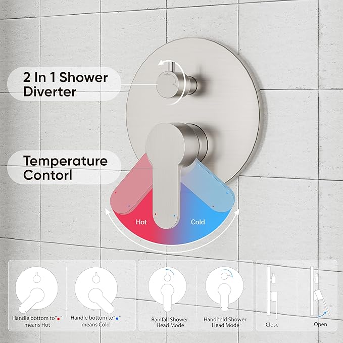 Gabrylly Shower Faucet Set, Shower System with Pressure Balance Shower Valve, 12" Rain Shower Heads with Handheld Spray, Wall Mounted Shower Fixtures, High Pressure Shower Head Set, Brushed Nickel