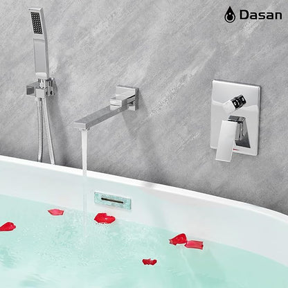 DASAN Swiveling Wall Mount Tub Filler Faucet Set with Hand Held Shower, Chrome Modern Creative Bathtub Faucet Wall Mounted Bath Tub Faucet with High Flow Rough in Valve, SA-TF05WH-PC