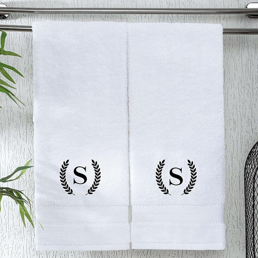 Monogrammed Hand Towels for Bathroom Makeup, Personalized Turkish Cotton Towel with Embroidery, Gift for Weddings, Housewarming, Anniversaries, and Bridal Showers, Set of 2 (Black, Initial S)