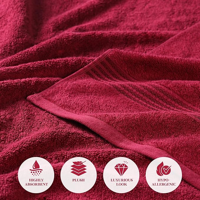 Superior Egyptian Cotton Bath Towel Set, Home Bathroom Towels, Master, Guest Bath, Decor Essentials, Quick Dry, Absorbent, Large Body Towels, Spa, Hotel, Resort, Adult, Kids, Set of 2, Burgundy