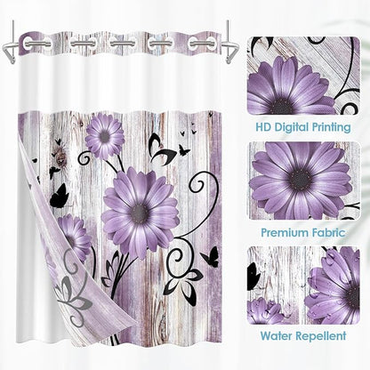 No Hook Purple Flower Shower Curtain with Snap in Fabric Liner Set, Rustic Farmhouse Daisy Double Layers Waterproof Fabric with See Through Top Window Open Grommet Bath Curtain 71x74 Inch