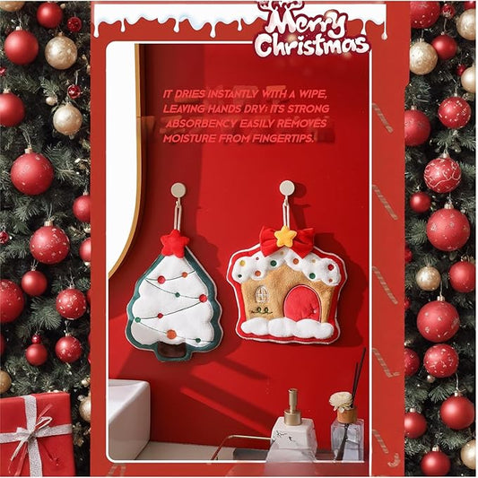 Cesqouc® 4pcs New Cute Style Hangable Hand Towels with Christmas Patterns:Christmas House,Santa Claus,Christmas Tree,Christmas Elk Patterns for Bathroom/Kitchen/Living Room/Children's