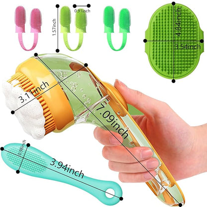 6pcs Dog Bath Brush & Finger Toothbrush Set - Pet Grooming Scrubber with Shampoo Dispenser for Puppy, Cat, Small Breed - Dog Washing Brush for Bathing, Teeth Cleaning & Massage