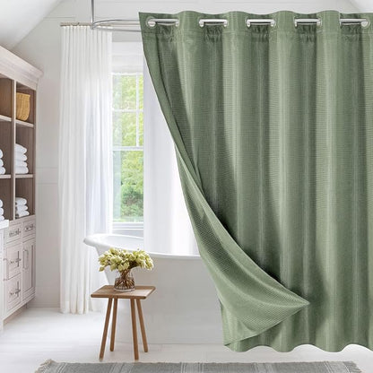 MitoVilla No Hooks Needed Extra Long Shower Curtain Liner Set, Sage Green 86 inch XL Waffle Fabric Shower Curtains Set with Snap-in Liner for Luxury Hotel Grade & Spa-Like Bathroom Decor