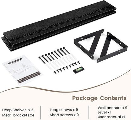 Dreamland Deep Floating Shelves for Wall, 48W x 8D Wall Mounted Shelves Set of 2, Wide Display Ledge Shelf with Sturdy Metal Brackets for Living Room, Bathroom, Bedroom and Kitchen, Black