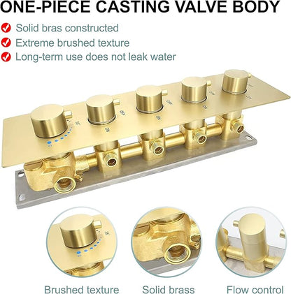 HOMEDEC 4 Way Shower Valve Rough-In and Trim Kit, 5 Handle Control Thermostatic Shower Mixing Valve with Diverter can Work at the Same Time, Brushed Gold