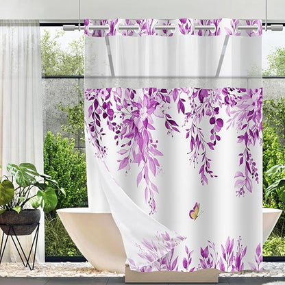 No Hook Shower Curtain and Liner Set, Purple Eucalyptus Floral Shower Curtains for Bathroom, Bath Curtain Sets with Snap in Liner, Waterproof with See Through Top Window, 71x74 Inches