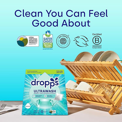 Dropps UltraWash Dishwasher Pods, Unscented (32 Count) - Biobased Power Deep Clean Dishwasher Detergent Tablets for Sparkling Shiny Dishes - No Rinse Aid or Pre-Wash Needed - Dishwashing Pods
