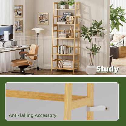 Ladder Shelf, 5-Tier Bookshelf, All Bamboo Heavy Duty Bookcase, Freestanding Open Wood Storage Rack, Modern Corner Display Plant Stand for Living Room, Home Office, Bathroom, Bedroom, Natural