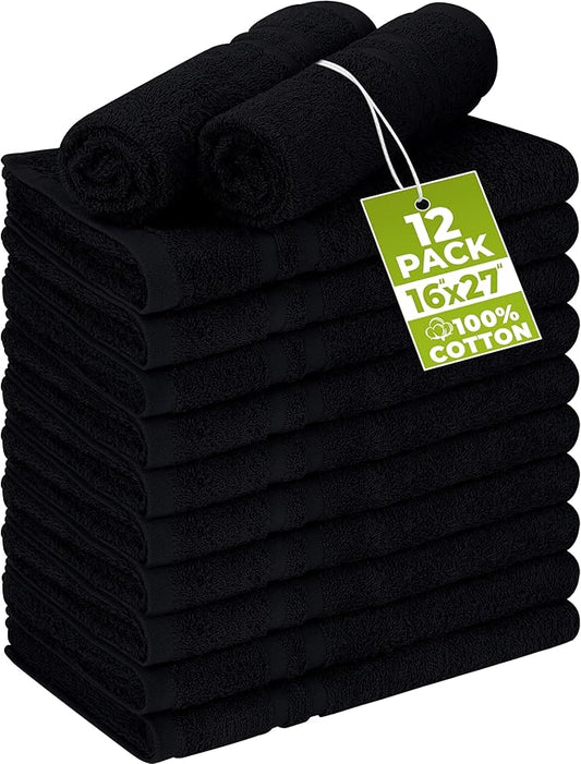 Utopia Towels Cotton Bleach Proof Salon Towel 16 by 27 inches, Bleach Safe Gym 100% Cotton Hand Towel, 12 Pack, Black