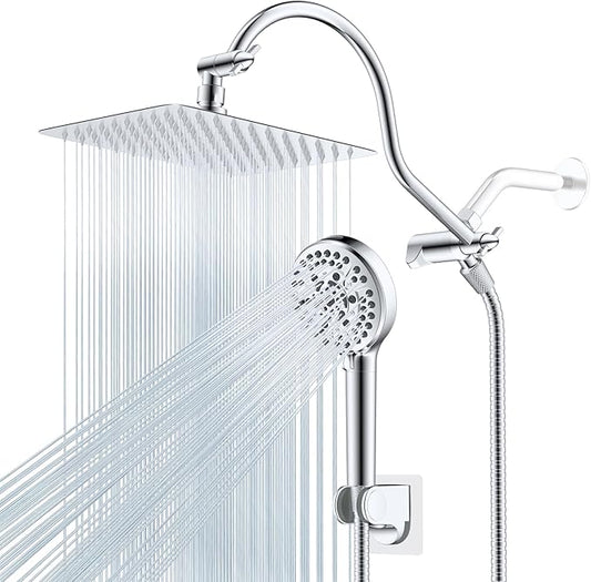Hibbent All Metal CUPC Certified Shower Head, 10'' High Pressure Rainfall Shower Head, Handheld Showerhead Combo, 12'' Adjustable Extension Arm, 10 Sprays, 71'' Shower Hose, Showerhead Holder, Chrome