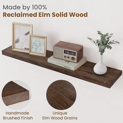 Floating Shelves for Wall Decor, 8 Inch Deep Rustic Solid Elm Wood Floating Shelves Wall Mounted, Wall Shelves with Invisible Bracket for Living Room Bathroom Bedroom Kitchen, 36 Inch Set of 2, Walnut