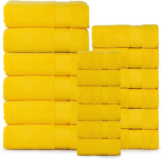 Hencely 18-Piece Bath Towel Set - High Absorbency, Quick Drying - 100% Soft Turkish Cotton - 6 Bath Towels, 6 Hand Towels, 6 Washcloths - for Bathroom, Home, Hotel, Spa, and Gym - 18-Pack Yellow