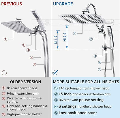 G-Promise All Metal 14 Inch Shower Head with Massage Mode Handheld, Rain Shower Head with Handheld Spray Combo, 3-Way Diverter with Pause Setting, 13 Inch Adjustable Extension Arm (Polished Chrome)