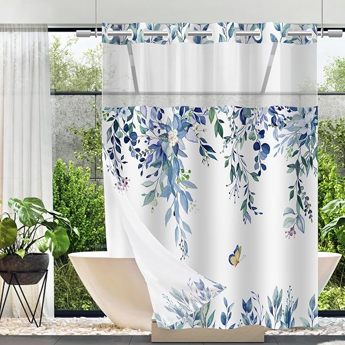No Hook Shower Curtain and Liner Set, Blue Eucalyptus Floral Shower Curtains for Bathroom, Bath Curtain Sets with Snap in Liner, Waterproof with See Through Top Window, 71x74 Inches