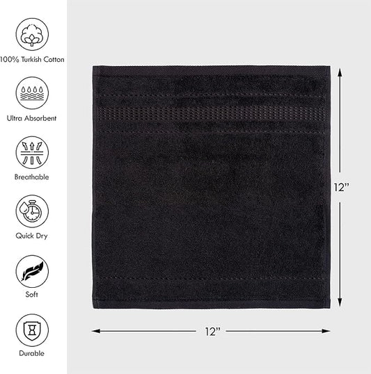 Melissa Linen, 4 Piece Washcloths Set, 100% Turkish Cotton Towels for Body and Face Towels, 12 in x 12 in, Absorbent, Quick Dry, Durable and Soft, Baby Wash Cloths, Wash Rags for Kitchen, Jet Black
