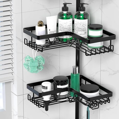 Tension Pole Shower Caddy, 4-Tier Stainless Steel Shower Organizer with 2 Removable Soap Holders, 25 to 114.2 Inches, for Bathtub/Bathroom Corner, Renters Friendly, Black