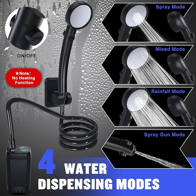 Portable Shower for Camping, [Long-Lasting] Spopal 6000mAh Rechargeable Camping Shower with Intelligent LED Display, 4 Spray Modes, IPX7 Waterproof Outdoor Camp Pump for Hiking, Travel, Car, Pet
