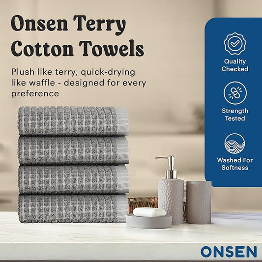 ONSEN Terry Cotton Waffle Face Towel Set – 4 Pack Luxury Cotton Face Towels, Quick Dry & Absorbent Washcloths – Soft, Lightweight, Durable Bathroom Towels for Everyday Use (Grey Fog, 12x12 in)