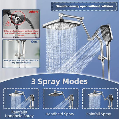 12" High Pressure Rain/Rainfall Shower Heads With Handheld Spray Combo (3+1 Settings & Built-in Power Wash Mode), Double/Dual Shower Head With Handheld - Height/Angle Adjustable(Polished Chrome)
