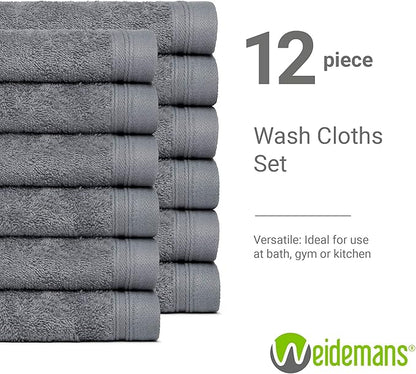 100% Cotton Washcloths Set 13” x 13” | Dark Grey Towels | Set of 12 Ultra Soft and Highly Absorbent Washcloths Sets for Bathroom, Gym, Hotel, Spa | Machine Washable Face Towel